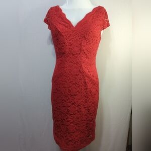 Liz Claiborne‎ Elegant Red Lace V Neck Cap Sleeve Midi Dress Size 6
